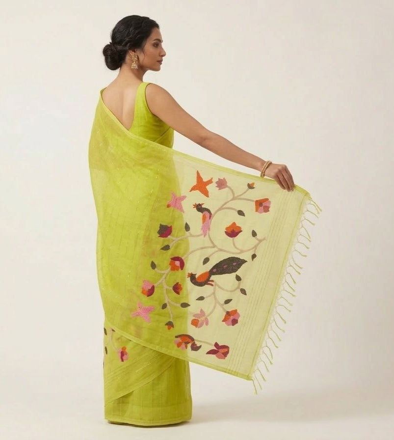 Handspun green paithani resham silk saree