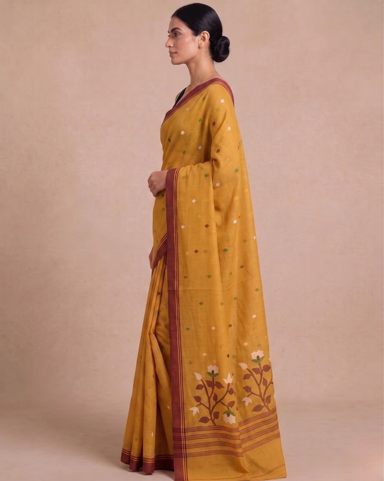 Mustard handloom cotton jamdani saree