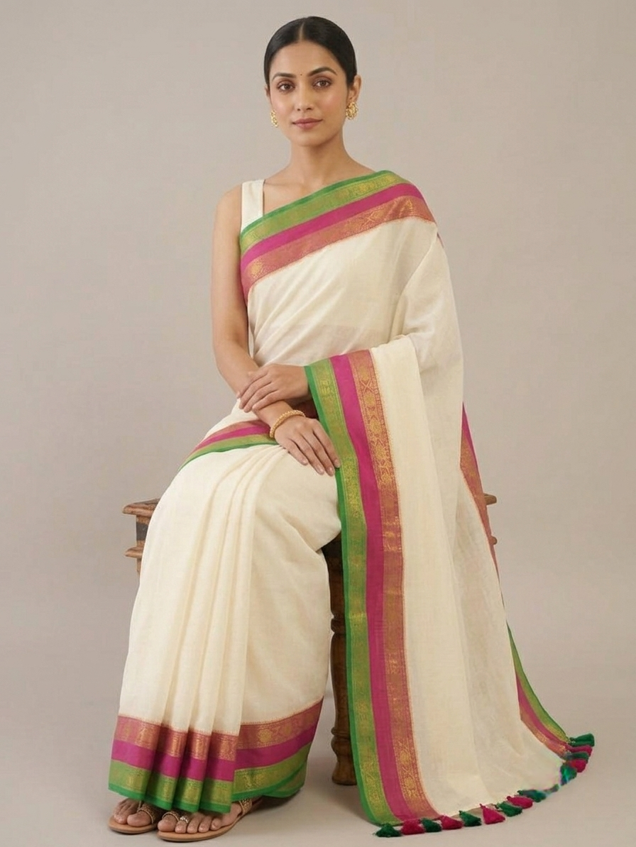 Pink green Kanchi Border Mul Cotton Saree