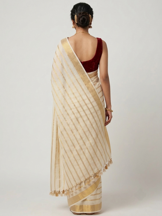 Ivory & Gold Zari Striped Mul Cotton Saree