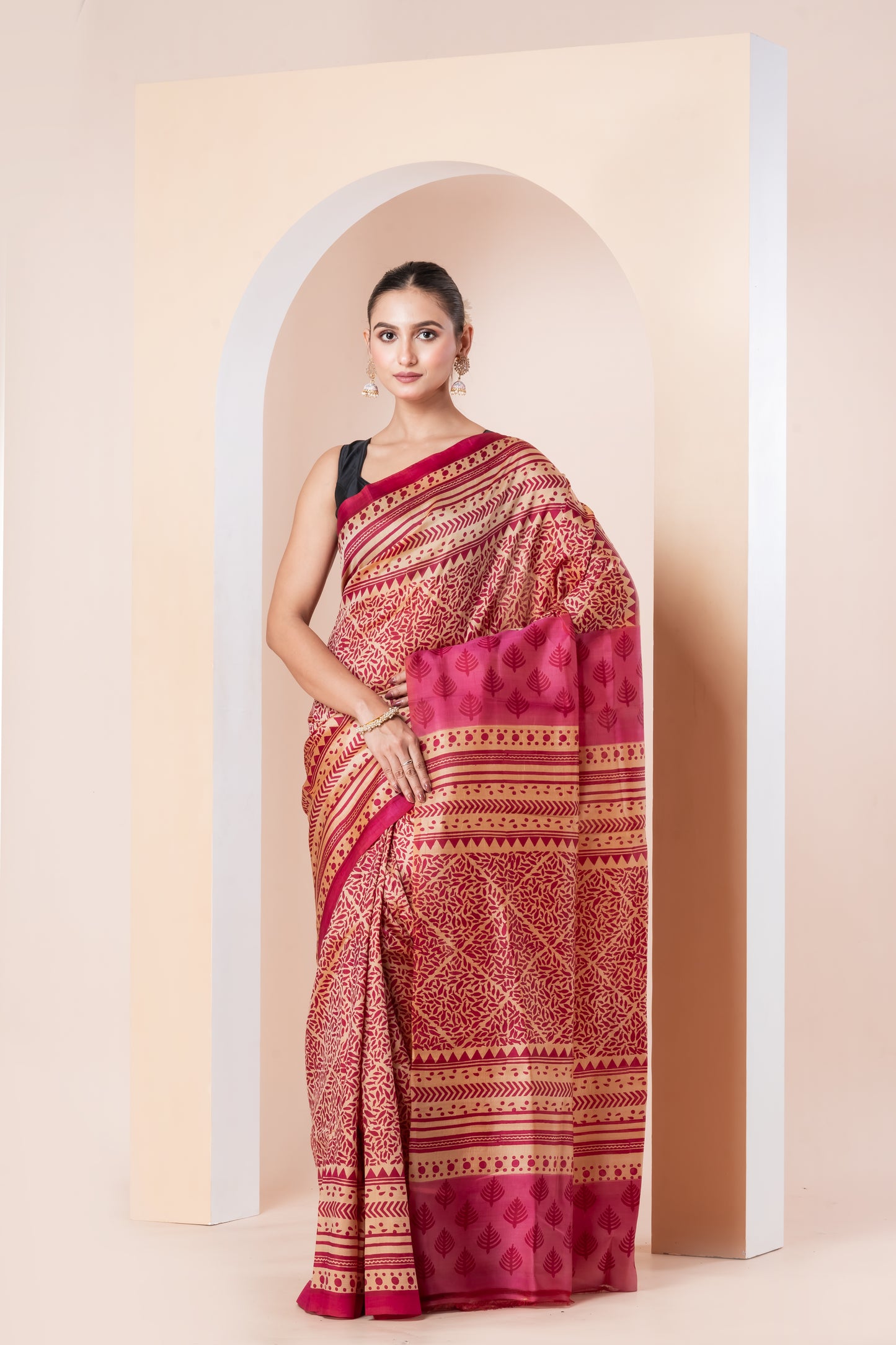 Pink n beige printed Pure silk