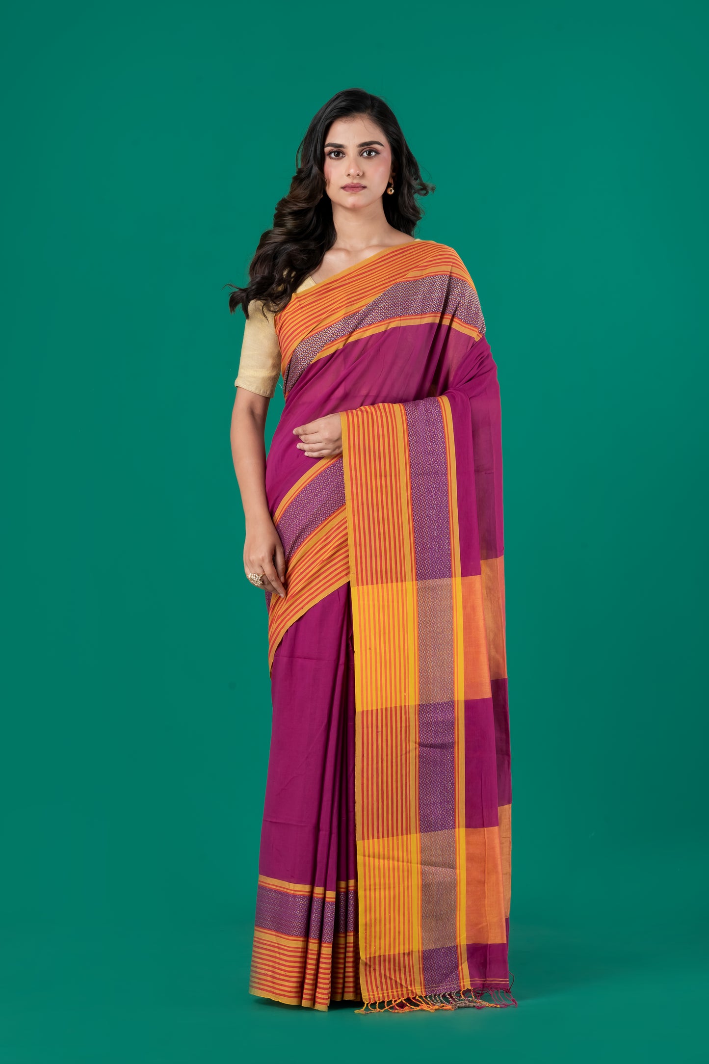 Magenta & mustard handloom cotton saree