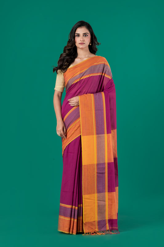 Magenta & mustard handloom cotton saree