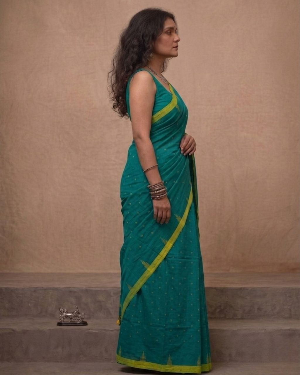 Sea blue check handspun cotton saree