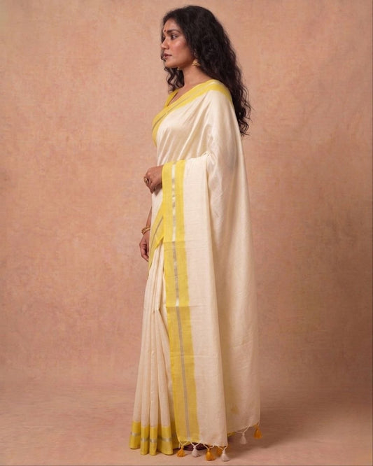 White mulmul cotton saree yellow border