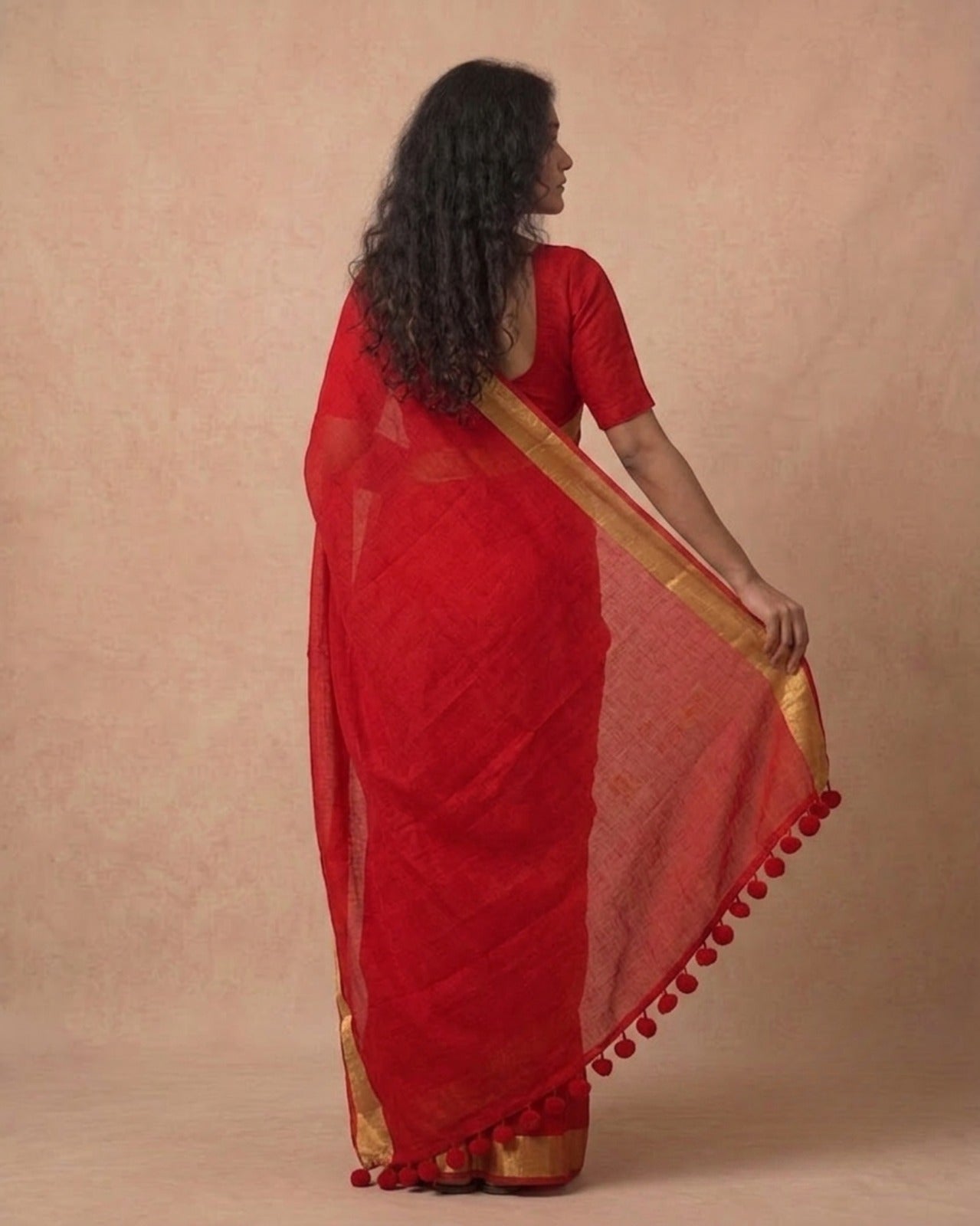 Vermillion red gold zari border mulmul saree