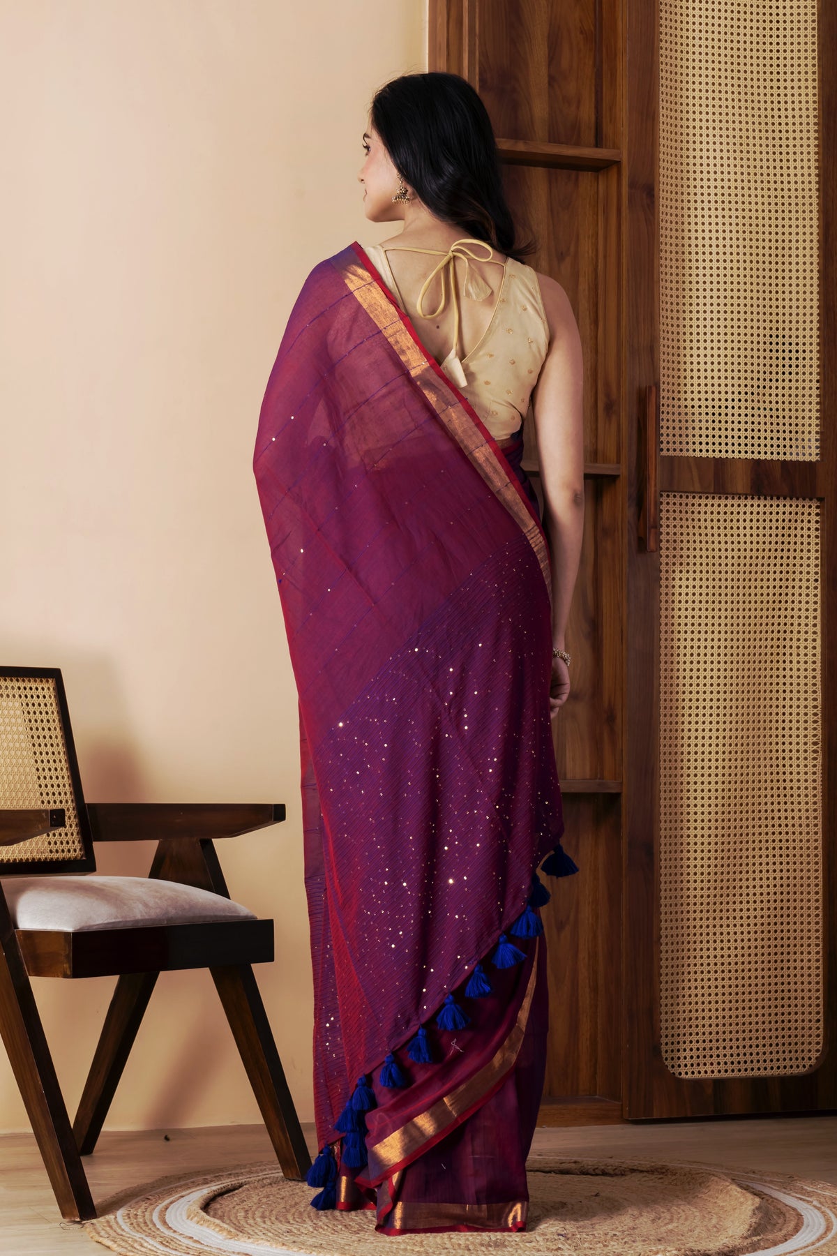 Deep purple premium handspun sequins cotton saree