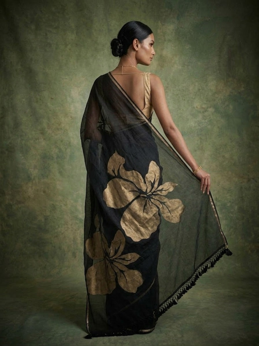 Golden flower black mulmul cotton saree