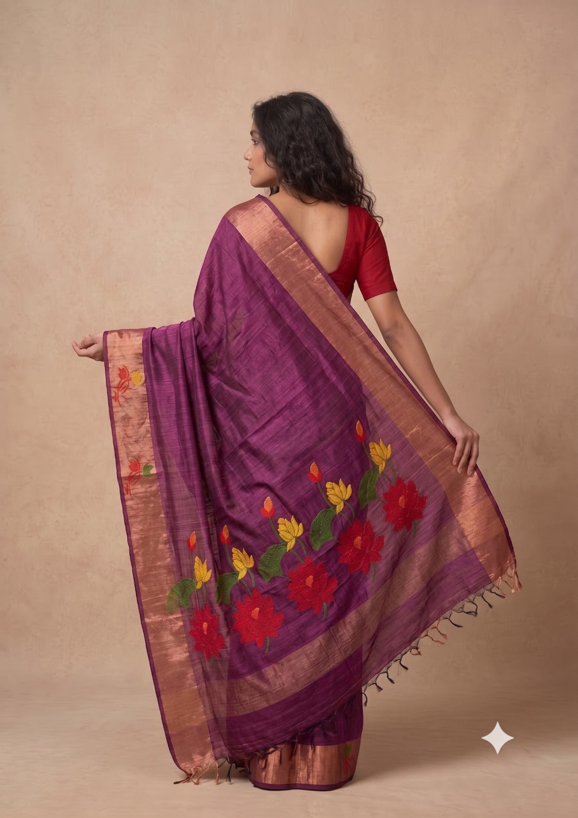 Dark maroon tussar Jamdani saree