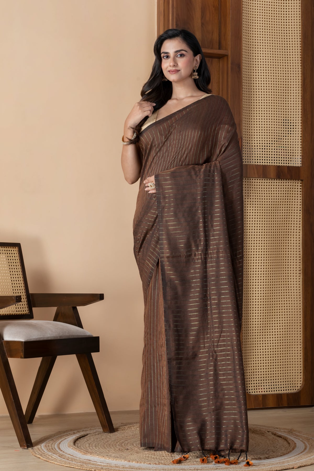 Brown striped handloom Saree