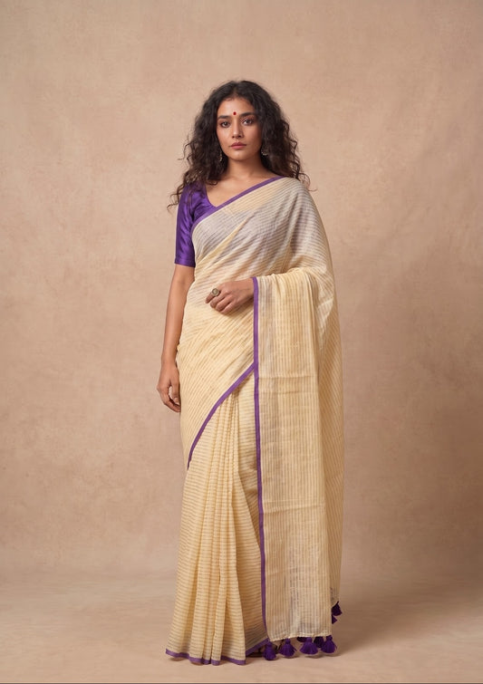 Off white zari striped premium mul cotton saree