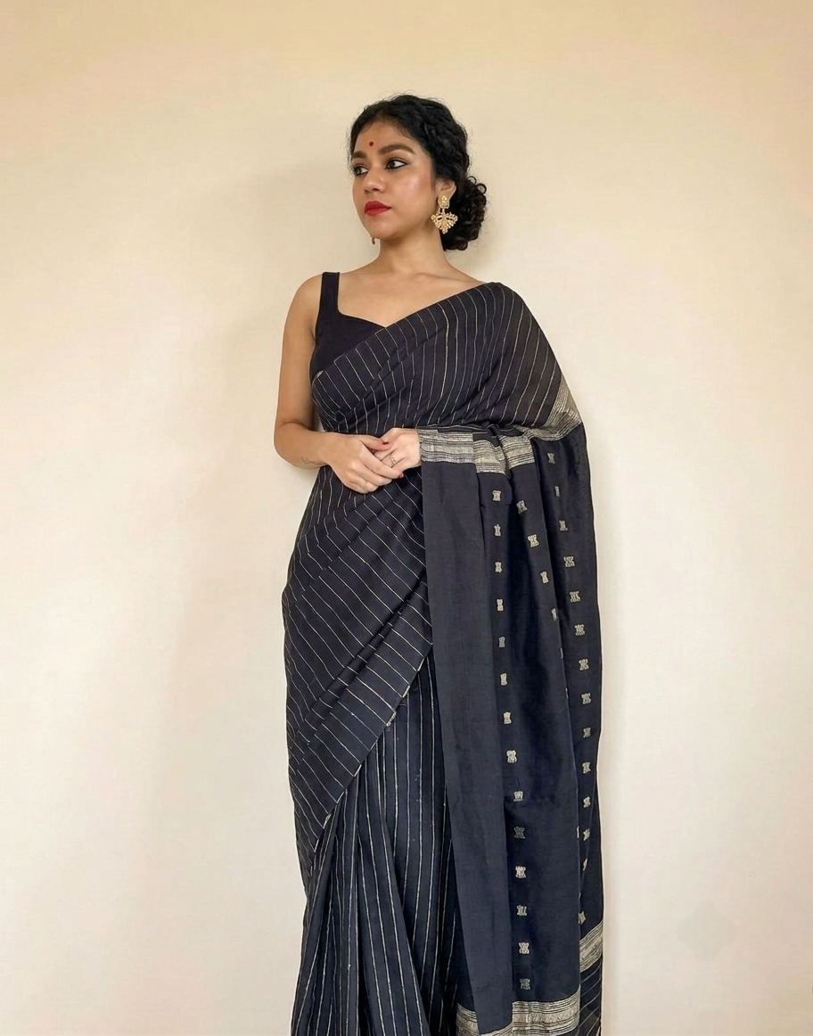 Bhujodi style black cotton striped saree