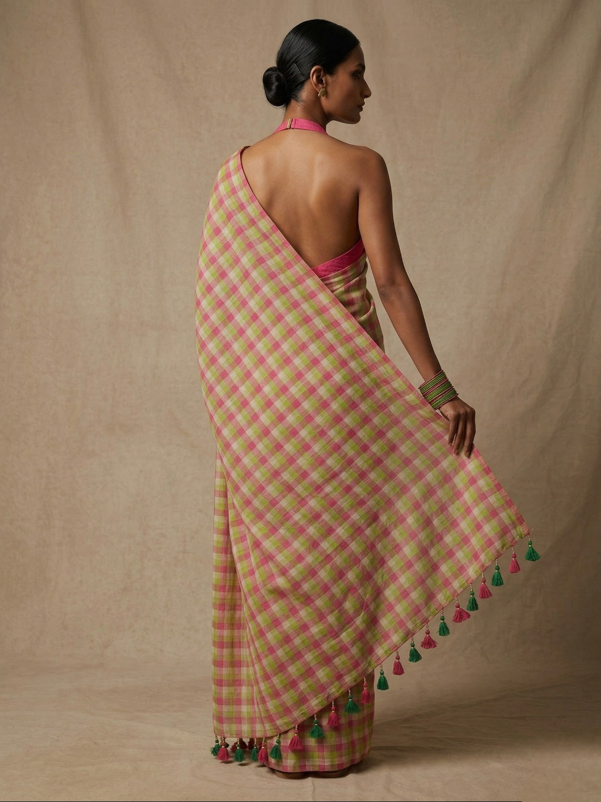 Multi colour check offwhite n pink  mulmul cotton saree
