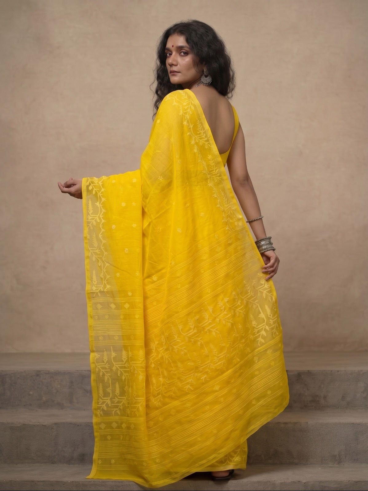 Bright yellow handloom cotton jamdani saree