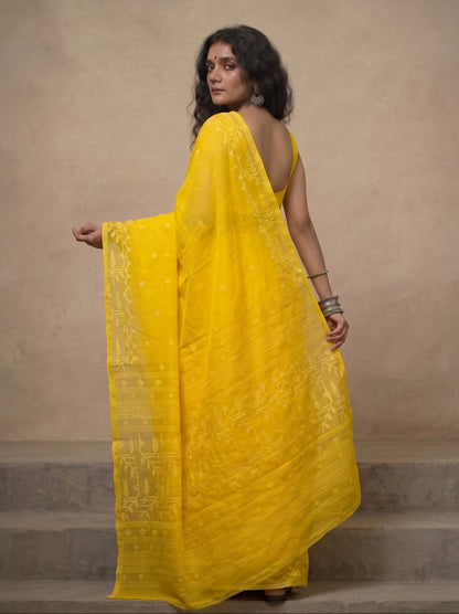 Bright yellow handloom cotton jamdani saree