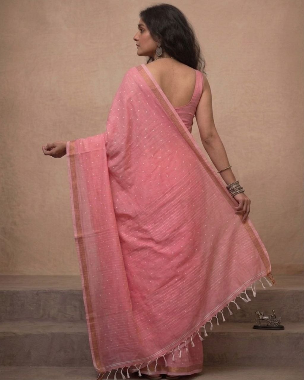 Peach pink organic linen jamdani saree
