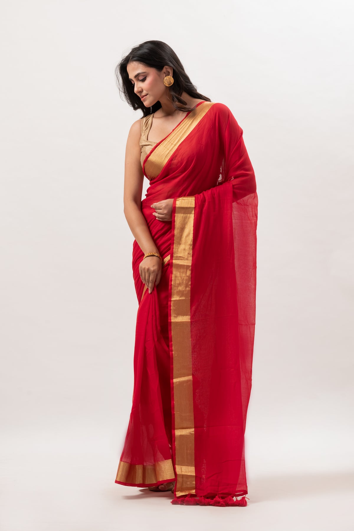 Vermillion red gold zari border mulmul saree