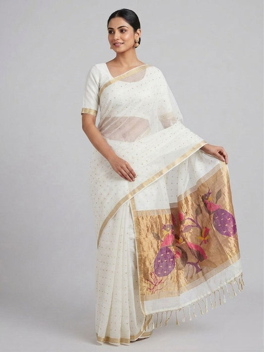 Off white handspun resham paithani silk saree