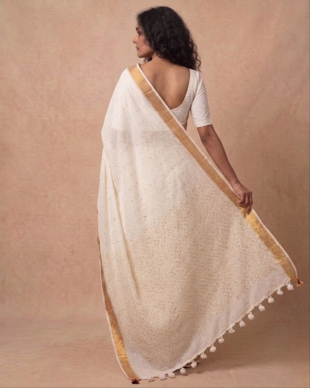 Off white mulmul cotton saree with mini sequins