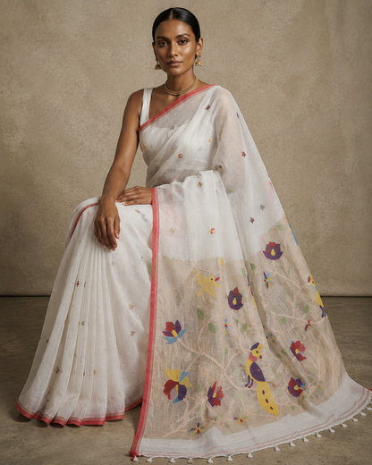 Handspun white resham paithni silk saree