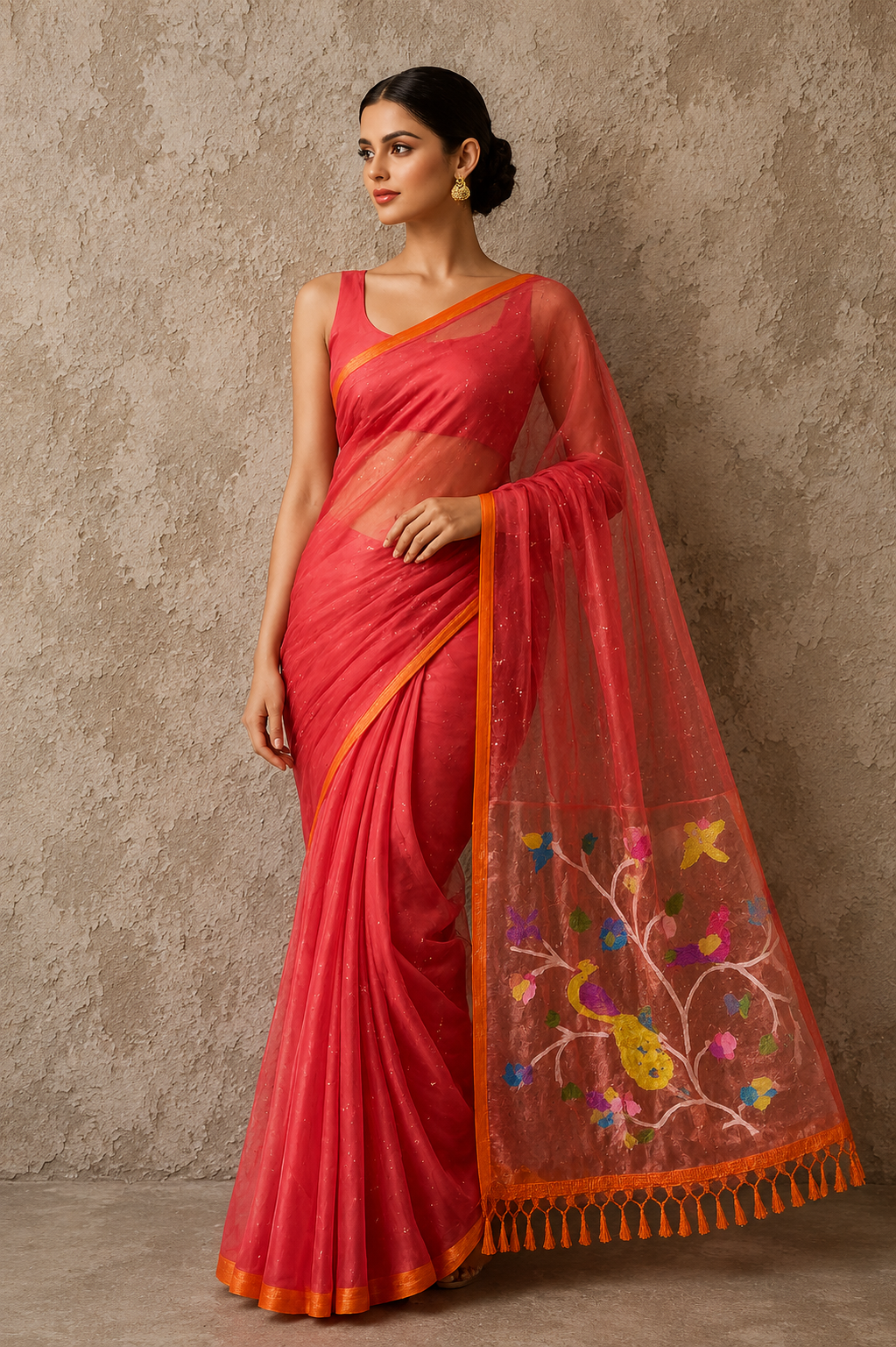 Handspun peach resham mulberry silk saree