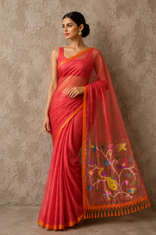 Handspun peach resham mulberry silk saree