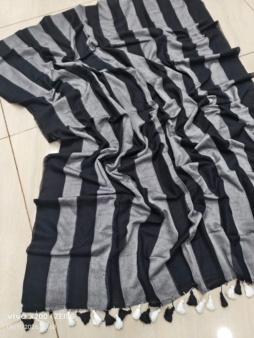 Grey n black striped mulmul cotton saree