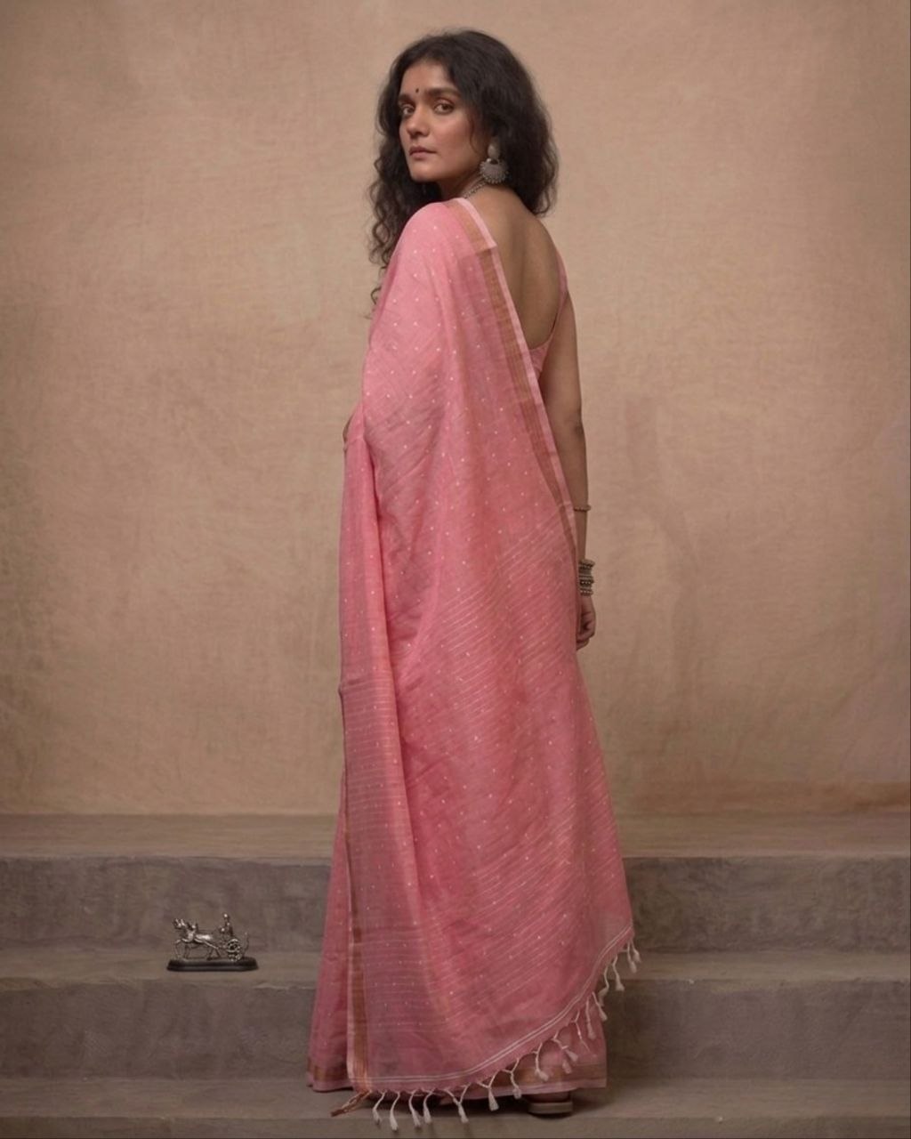 Peach pink organic linen jamdani saree