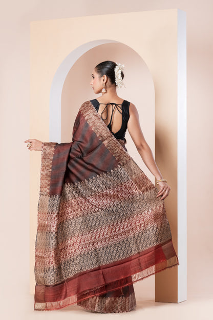 Zari Tussar silk saree- printed, brushing dyed