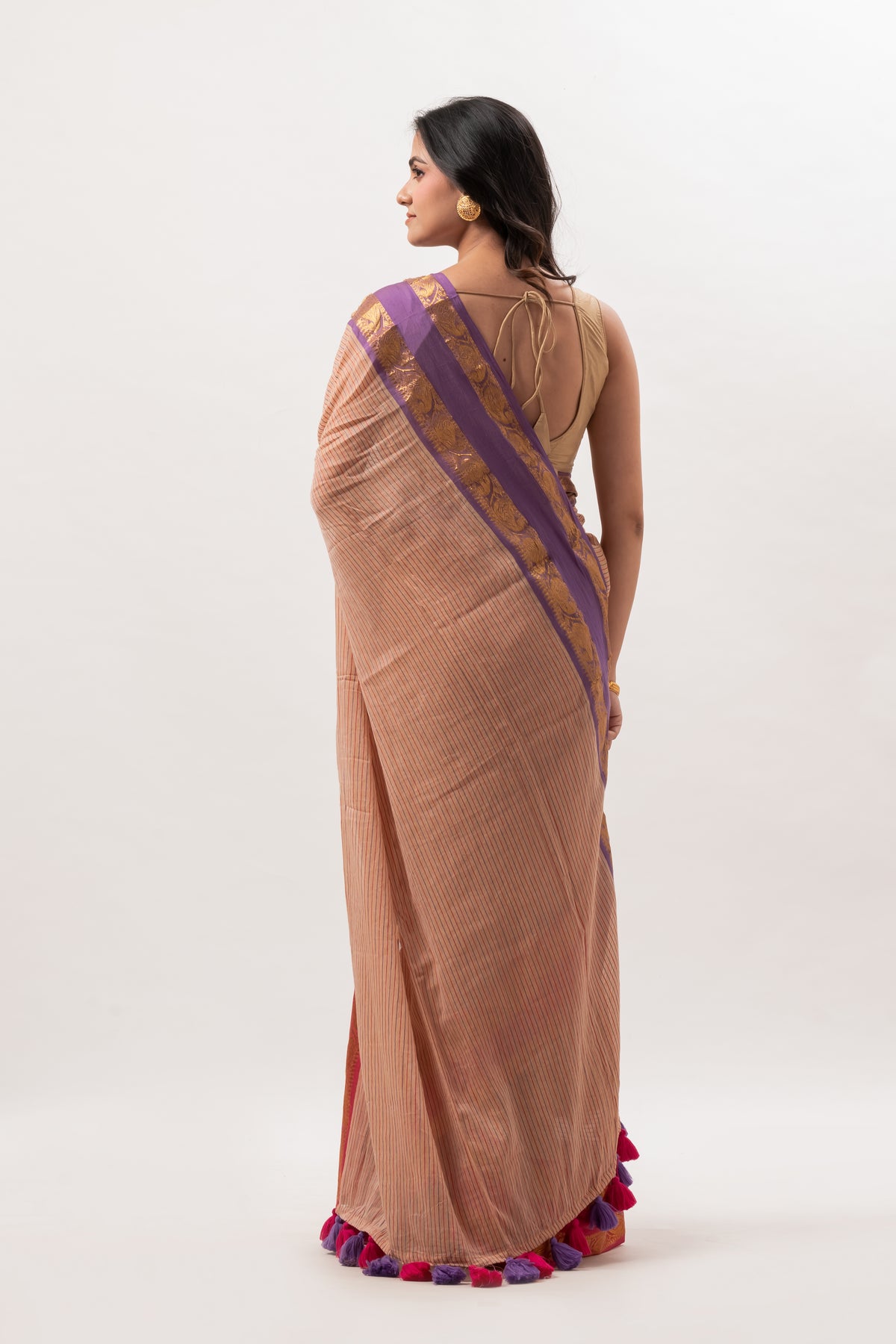 Beige Striped Mul Cotton Saree with Ganga Jamuna Border