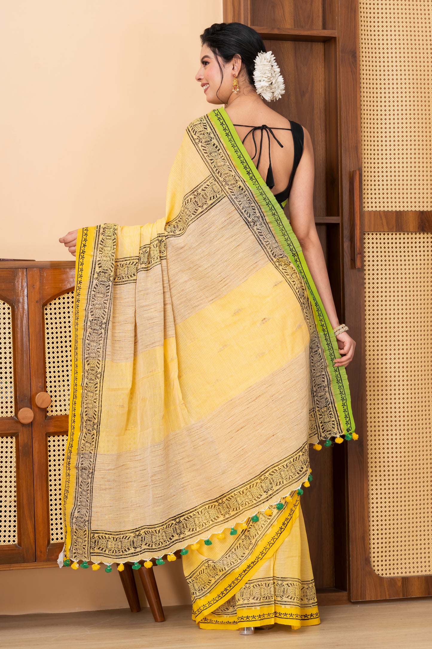 Printed handspun cotton saree with ghicha pallu
