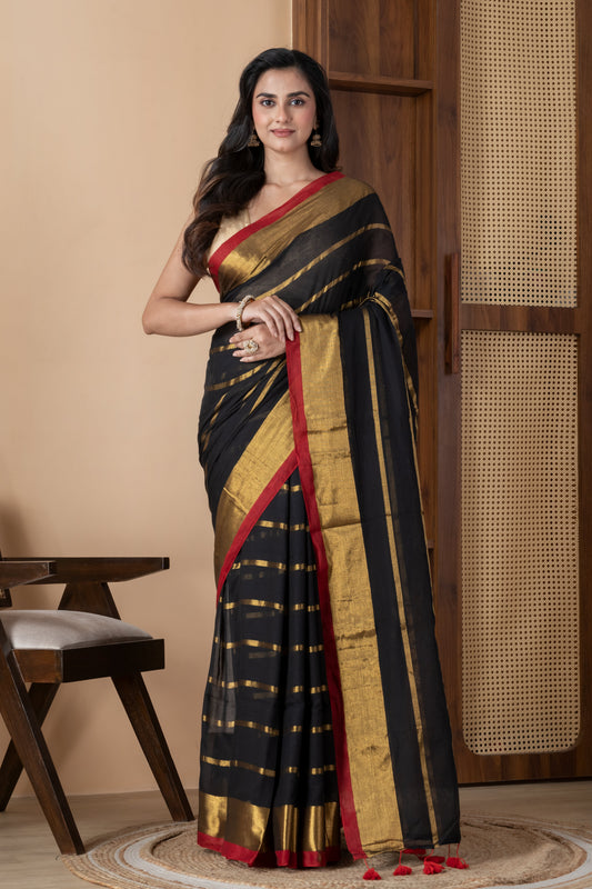 Black & Gold Zari Striped Mul Cotton Saree