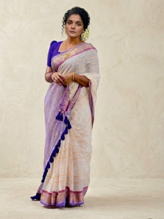 Off white striped base mauve kanchi border mulmul saree