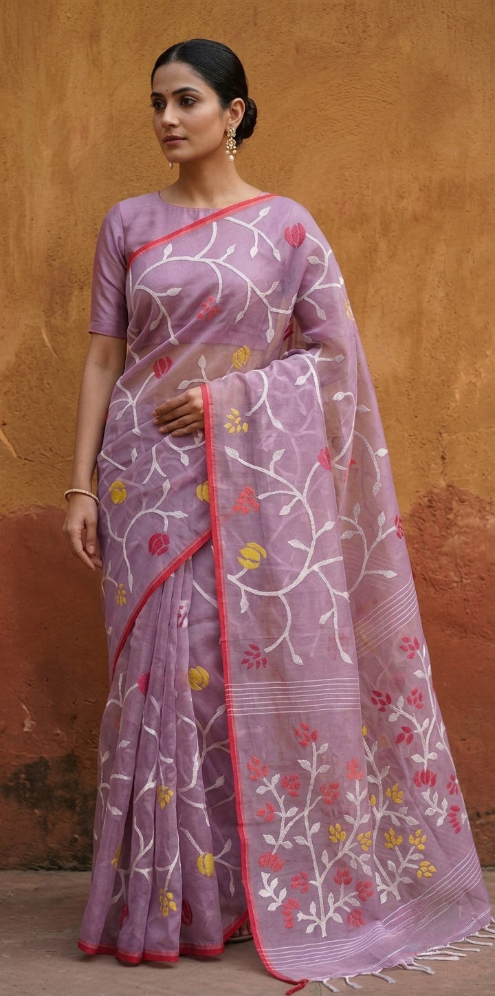 Lavender all over jamdani resham silk saree