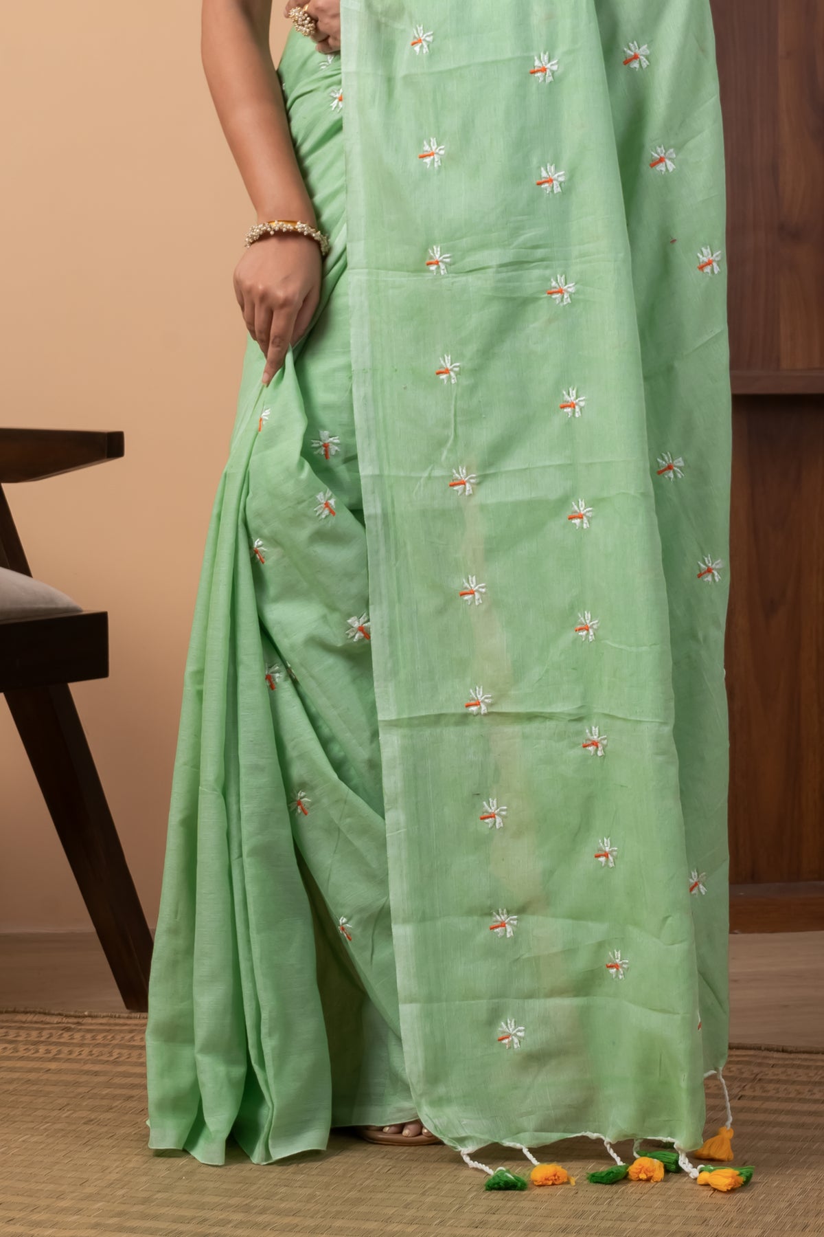 Mint Green Handloom Saree with Delicate Floral Embroidery