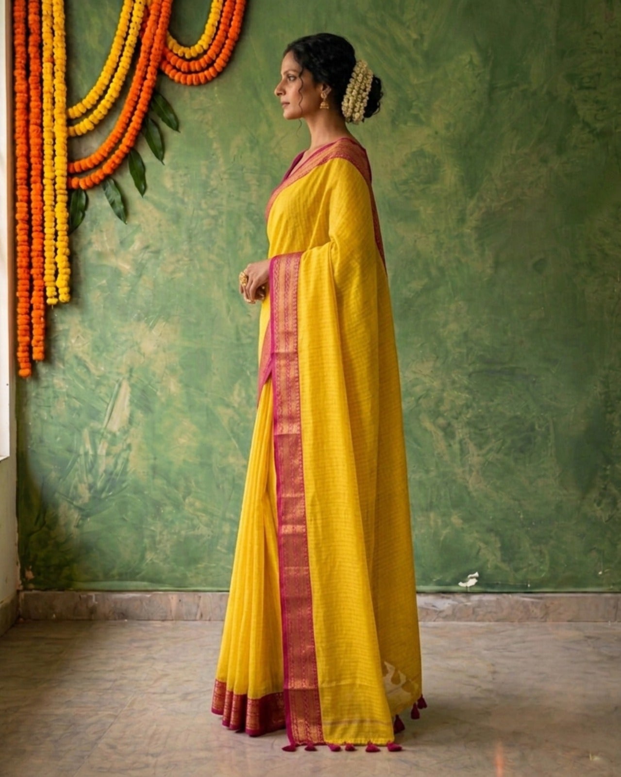Yellow striped pink kanchi border mulmul saree