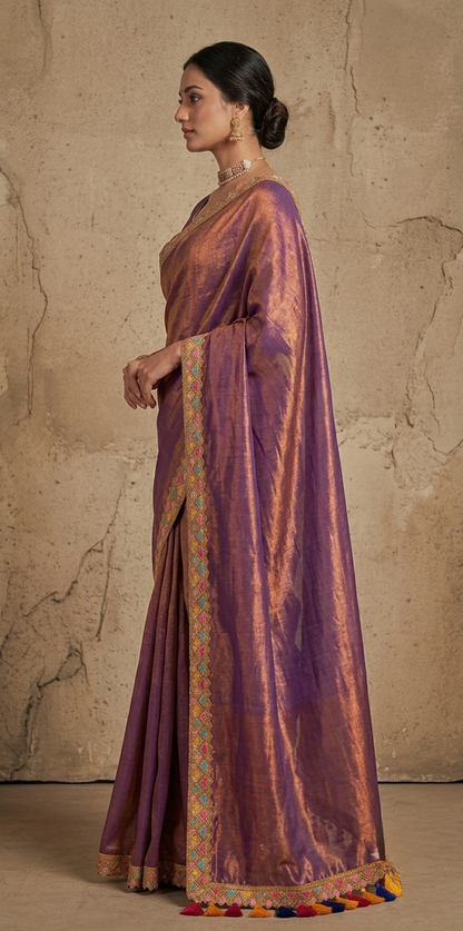 Zari border onion pink tissue Cotton saree