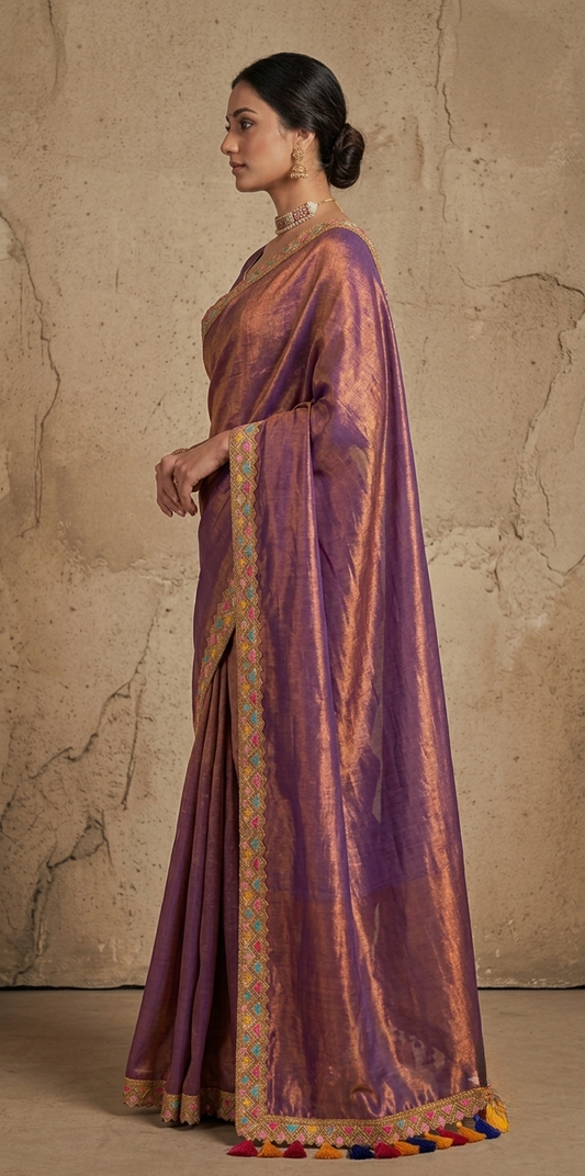 Zari border onion pink tissue Cotton saree