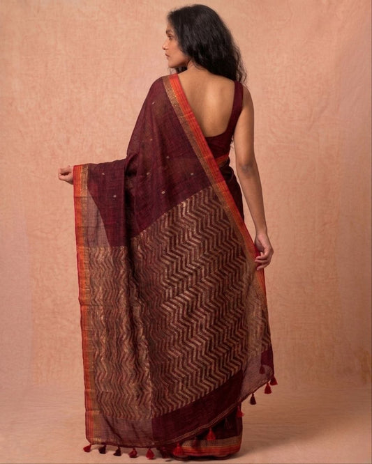 Dark maroon organic cotton linen saree