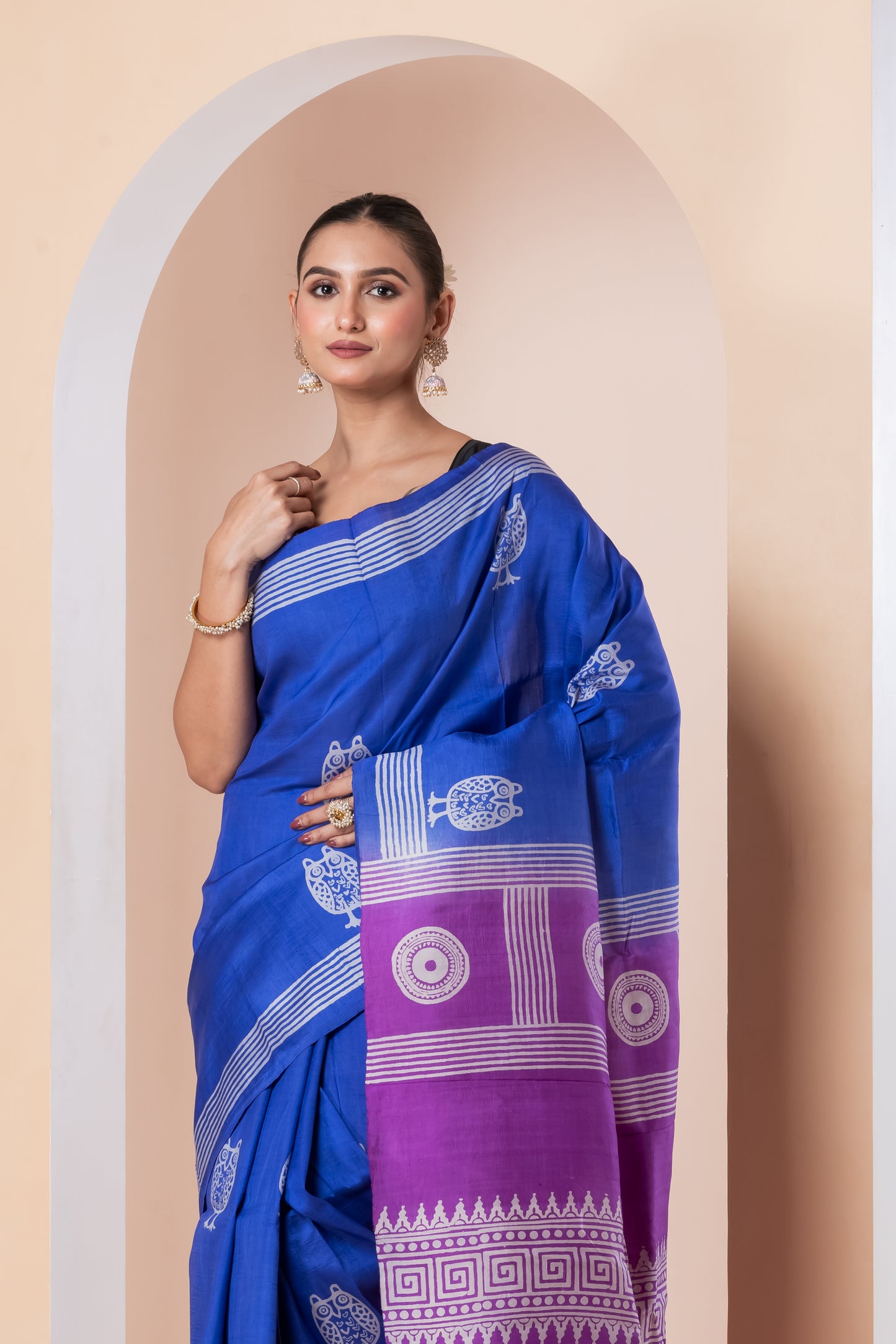 Royal blue Printed Pure silk