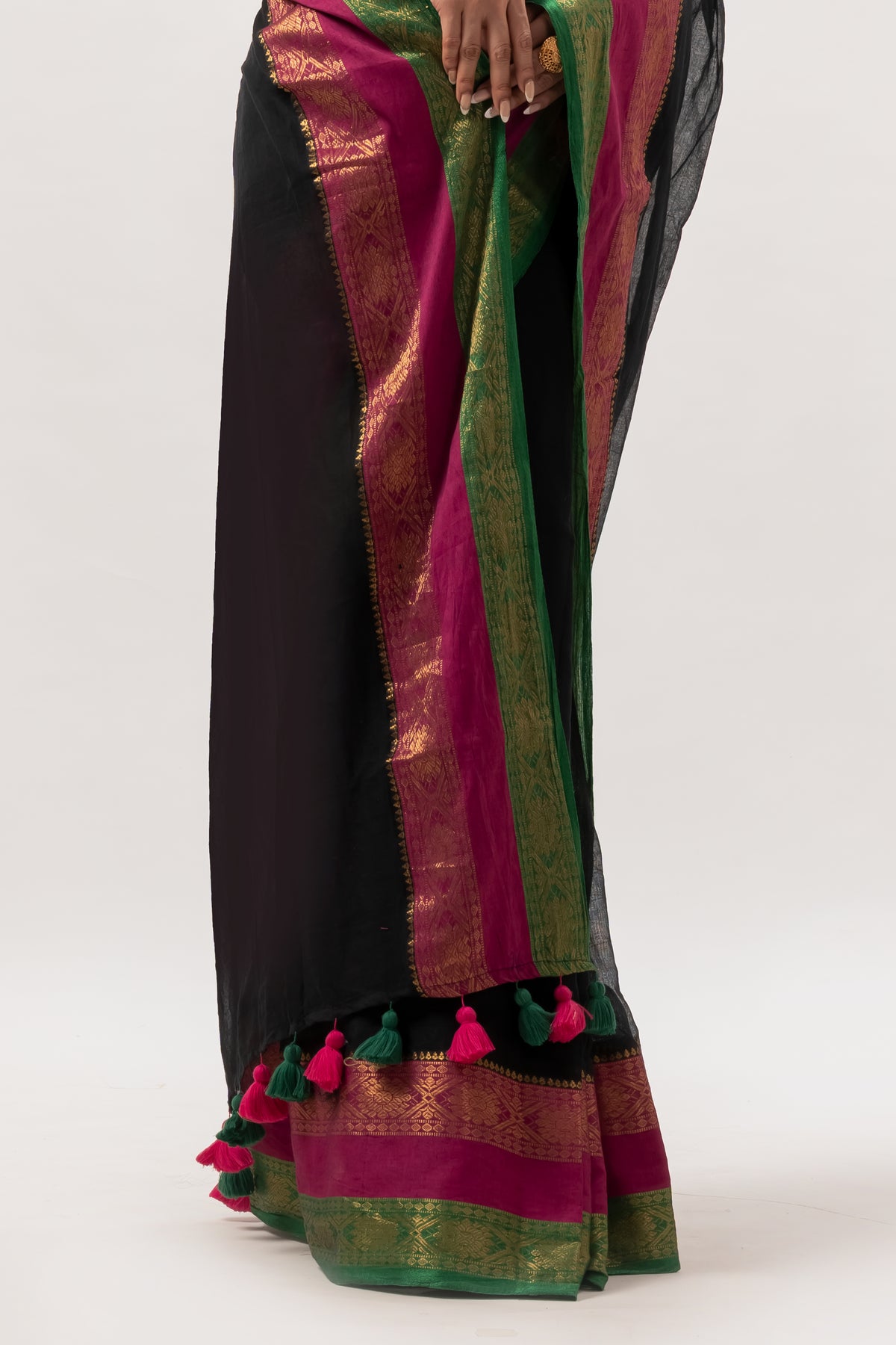 Pink n green kanchi border black mulmul cotton saree