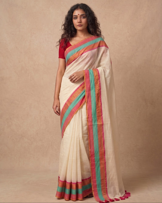 Off white triple zari border mulmul saree