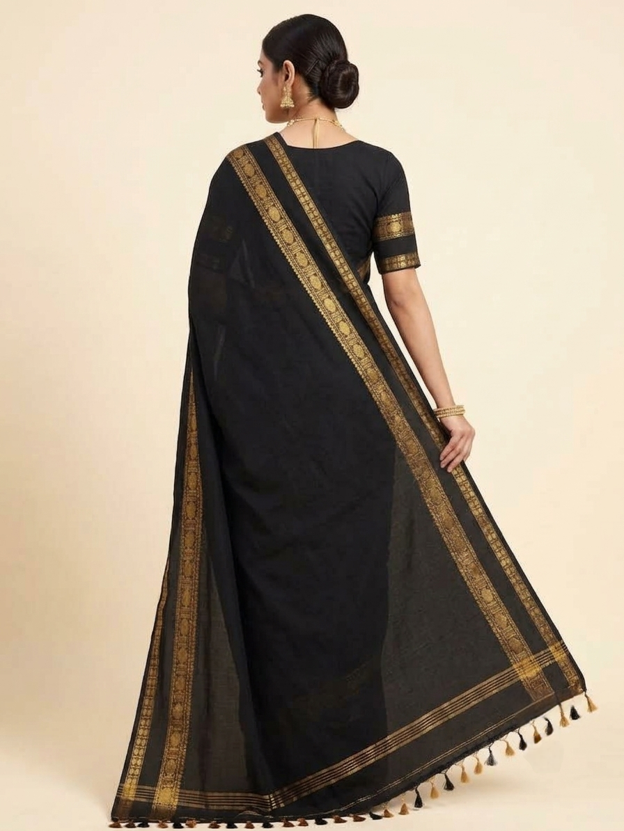 Classic Black Handloom Cotton Saree with Zari Kanchi Border