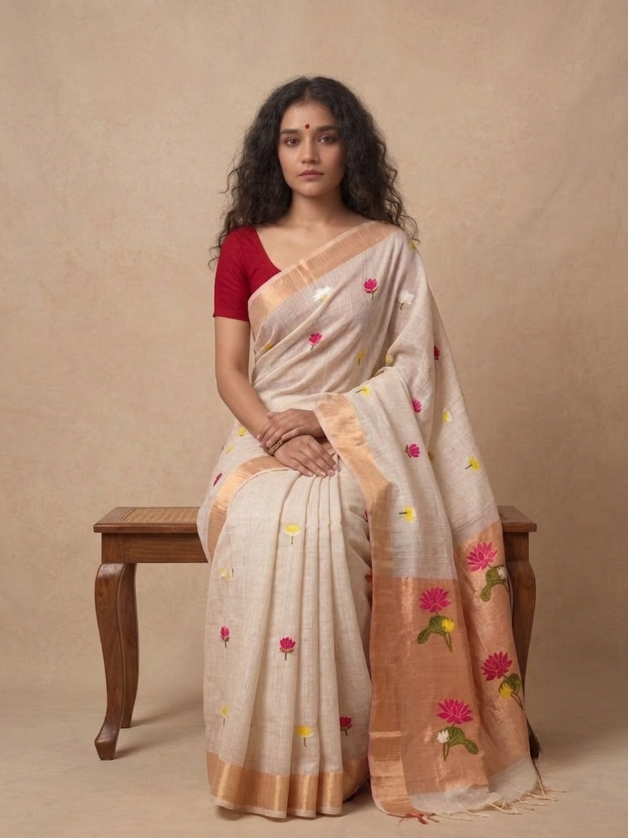 White silk Linen Saree with floral motifs