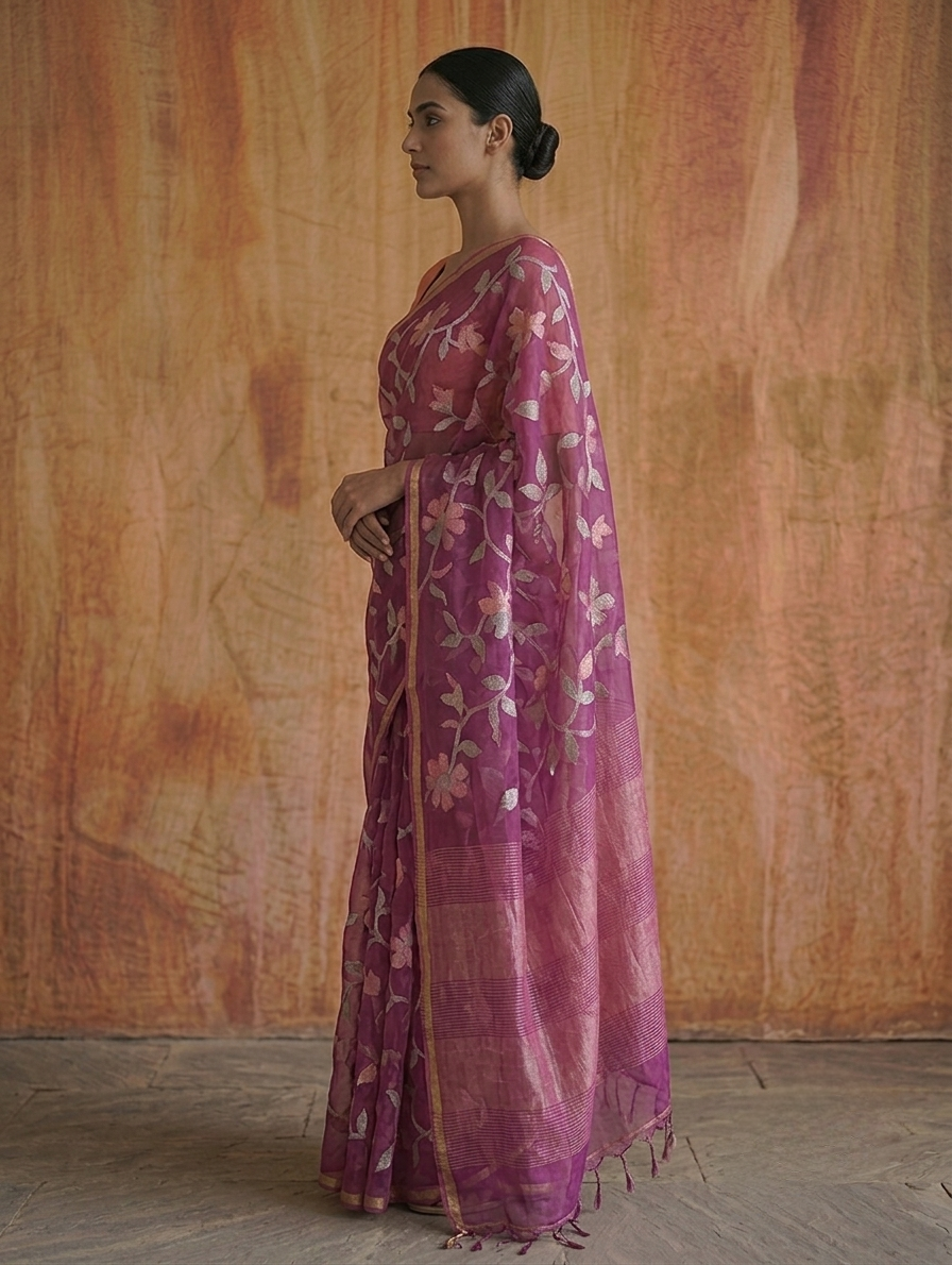 Rani pink all over jamdani resham silk saree