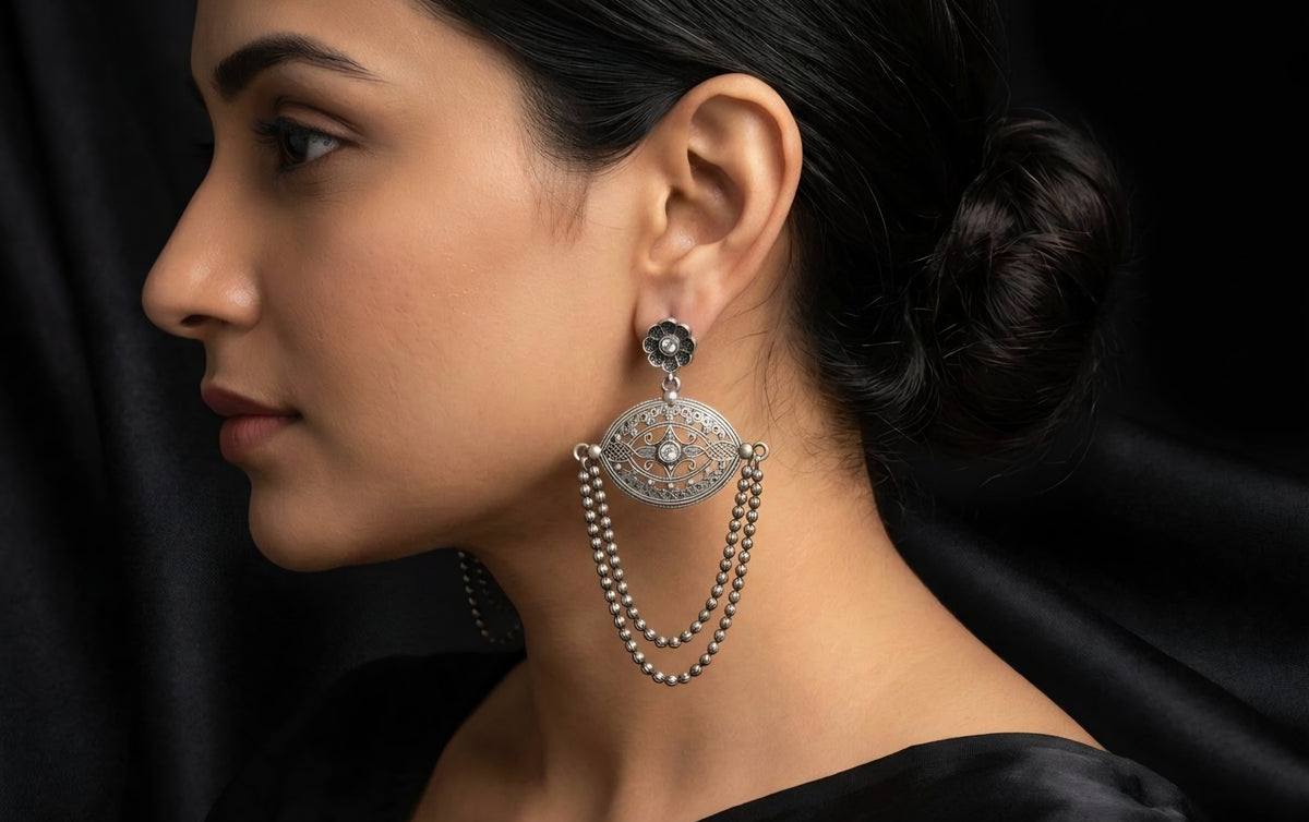 Statement Geometric Silver-Look-Alike Drop Earrings