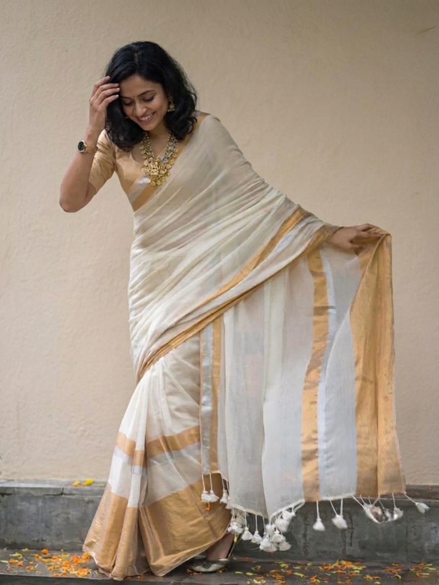 Off White broad golden zari border mulmul Cotton Saree