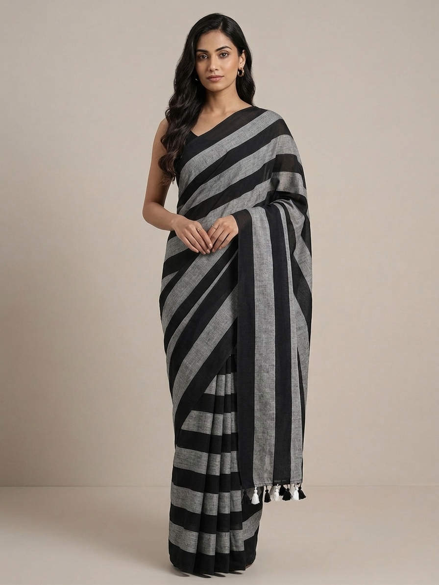 Grey n black striped mulmul cotton saree