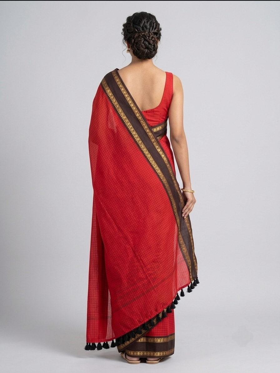 Classic red mul Cotton Saree with black zari Kanchi Border