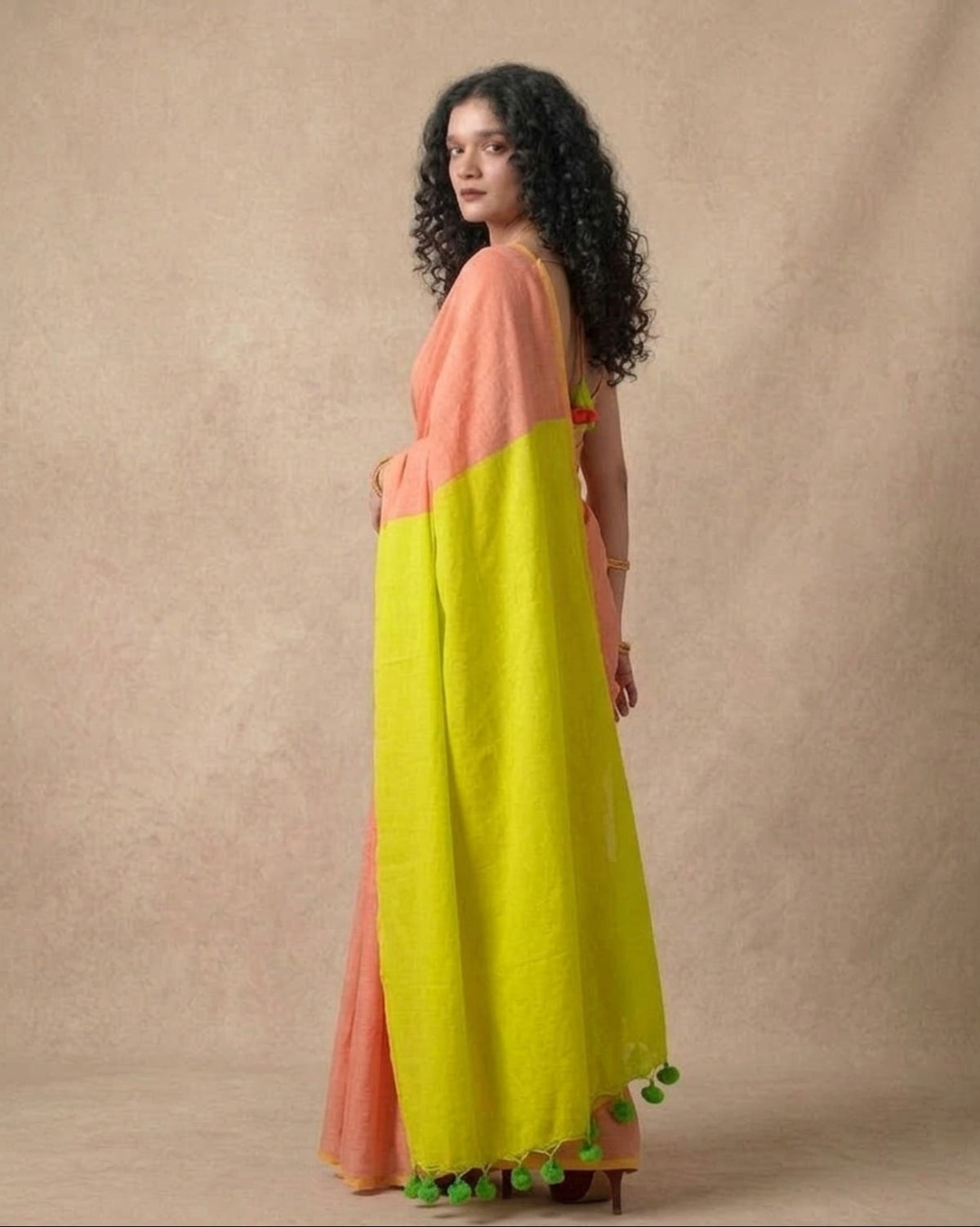 Khadi cotton solid body peach and lemon soft saree